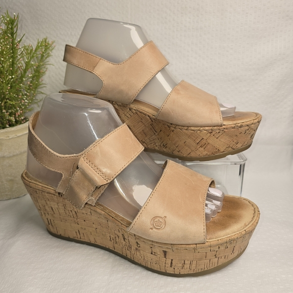 Born Tan Leather Sandal Cork Wedge Womens - Picture 3 of 8